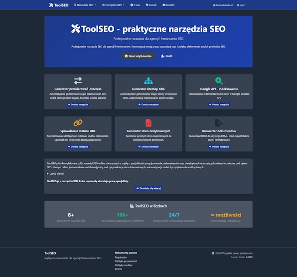 toolseo.pl – platforma narzędzi SEO – widok desktop
